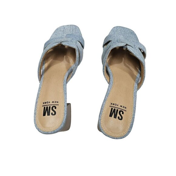 SM New York NWB Ina Denim Block Heel Sandals Open Toe Slip-On‎ Neutral Shoes - Picture 4 of 14